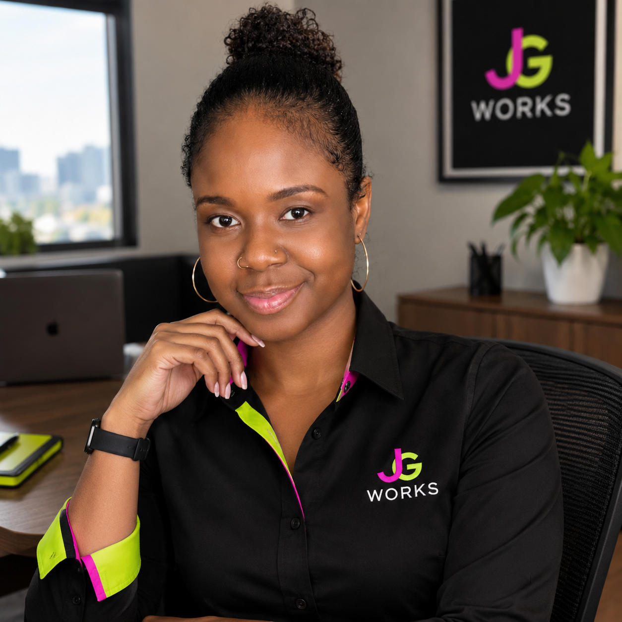 Joelle (JG), founder of JG WORKS, at her desk
